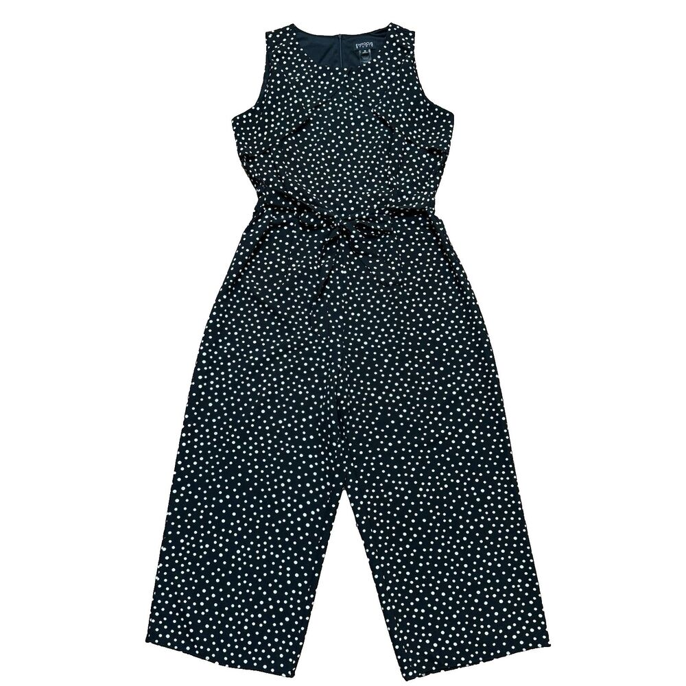 Women's Black White Polka Dot Cropped Jumpsuit Sleeveless Belted Ruffle Sz 14